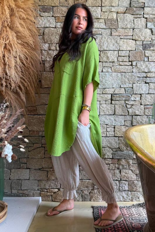Tasha Cushion Cotton Oversized Shirt Tunic Verde